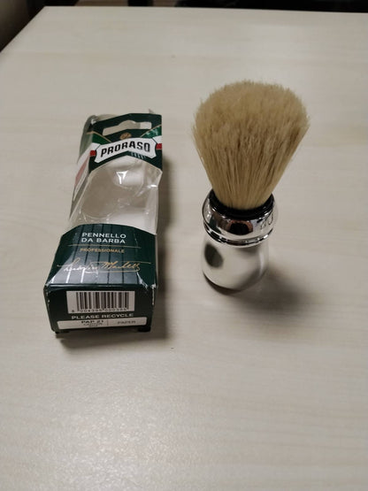 303791 - PRORASO Furçë rroje profesionale me fije natyrale dhe dorezë plastike të kromuar, për përdorim me kremin e rrojës, Prodhuar në Itali