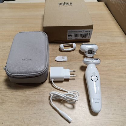289415 - BRAUN Epilator Silk·épil 9 9-041, kokë rrotulluese, përdoret në lëkurë të thatë dhe të lagësht, përfshin aksesor epilimi dhe krehër prerës, argjendi
