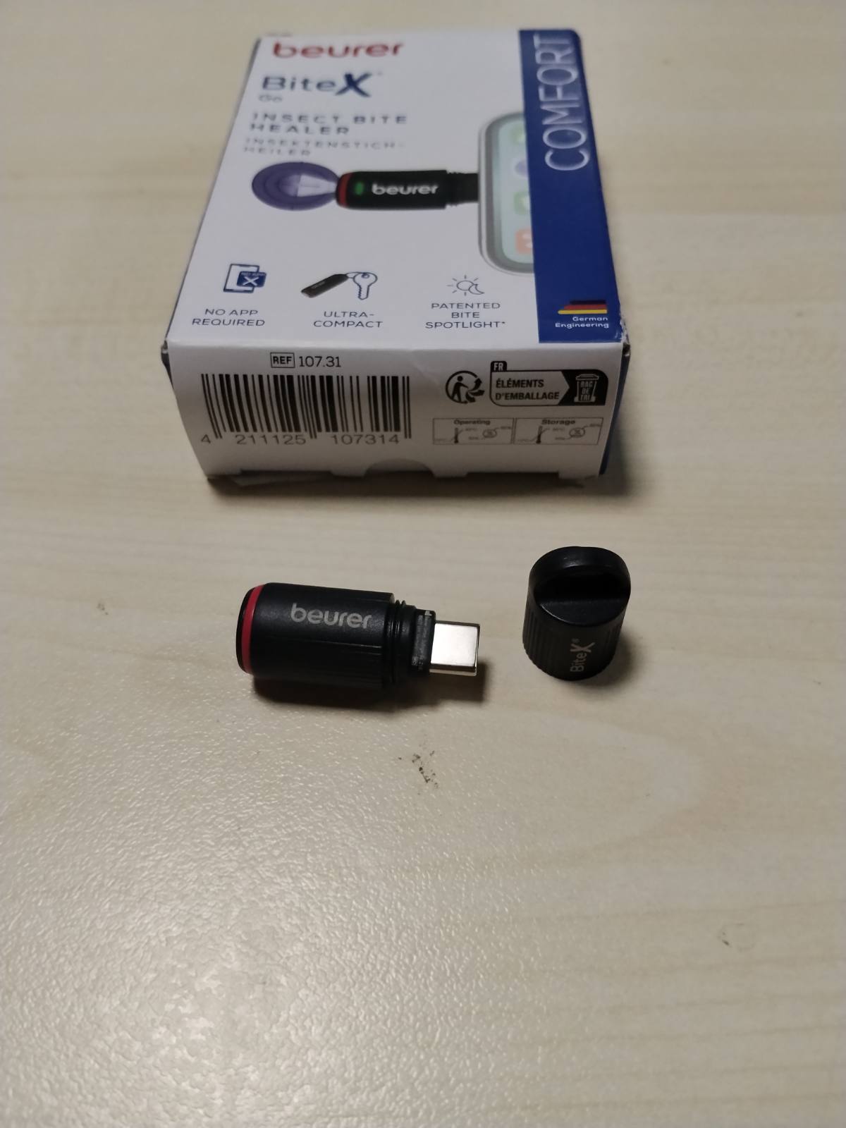 297026 - BEURER Shërues Elektrik i Pickimeve të Insekteve BiteX Go Deep, Ngjyrë e Zi, për Android dhe iPhone (USB-C), me Dritë, Pesha: 100g