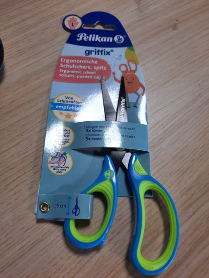 335623 - Pelikan gërshërë shkolle griffix, me majë, për dorën e majtë, blu e freskët neoni, 1 copë