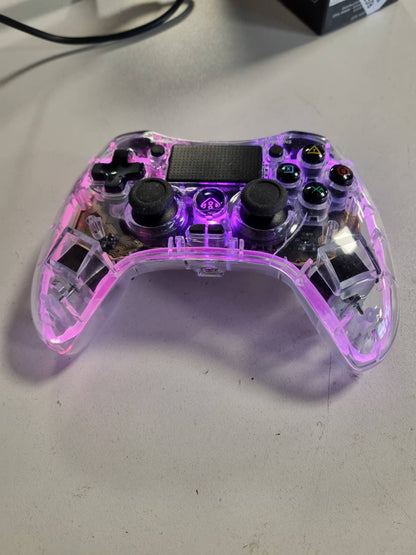 308899 - NK Kontrollues për PS4 / PC / Android - Kontrollues pa tel me 2 goditje, kontroll lëvizjeje me 6 akse, 2 butona makro, 7 mënyra drite LED, touchpad, prizë kufjesh, kabllo karikimi e përfshirë - transparente e zezë