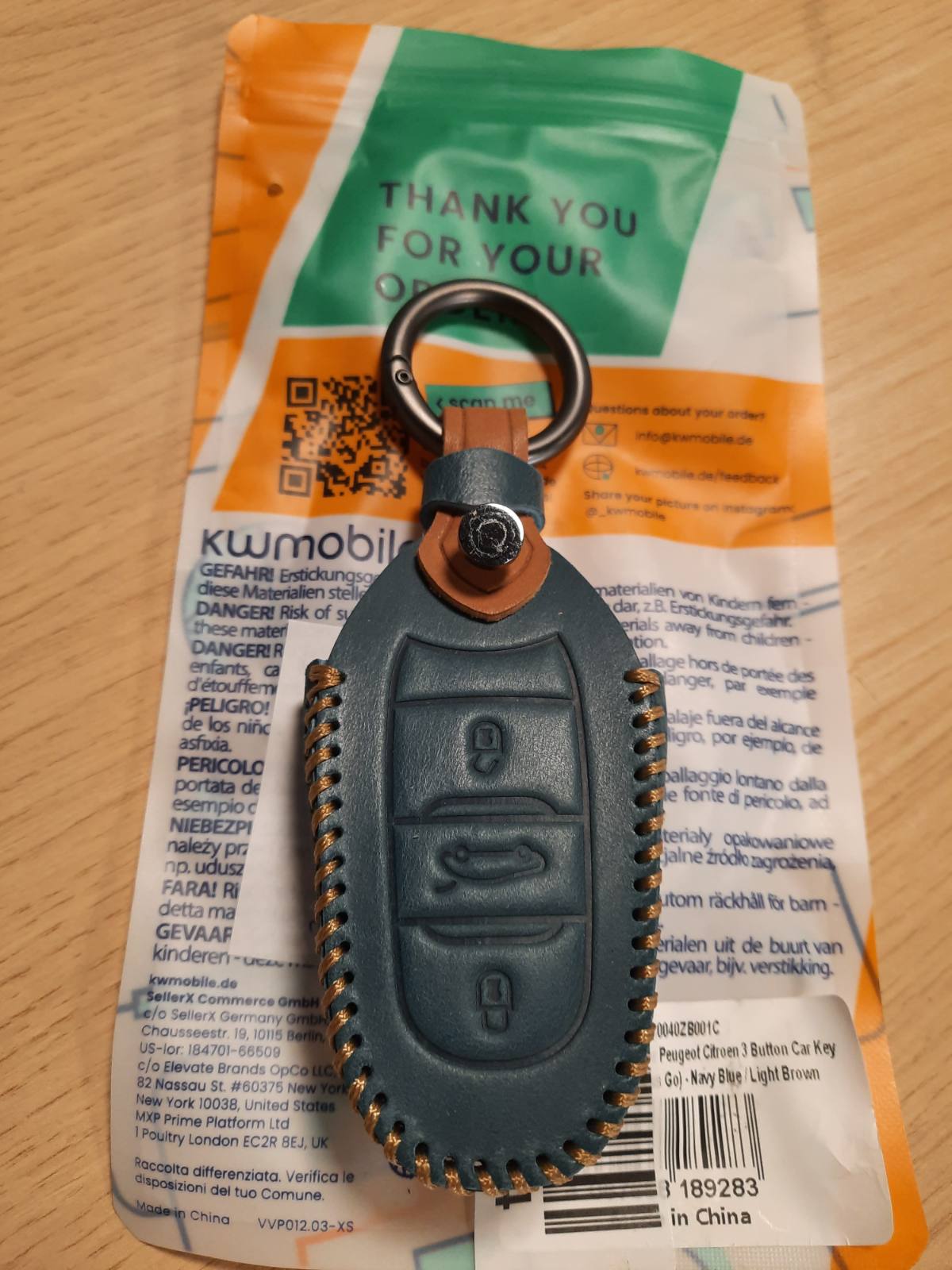 313874 - AKSESORI I ÇELËSIT TË MAKINËS KWMOBILE I KOMPATIBIL ME PEUGEOT CITROEN SMARTKEY (VETËM KEYLESS GO) ME 3 BUTONA - MBAJTËSE ÇELËSI MAKINE PREJ LËKURE FAUX - BLU MARINE - KAFE E ÇELTË
