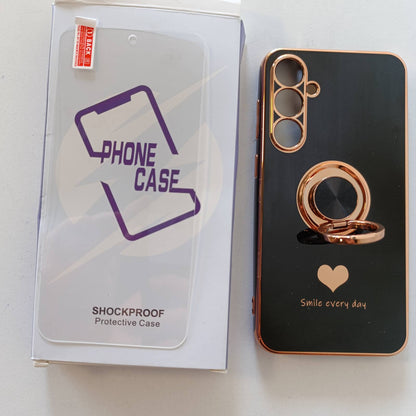 296284 - NONIONAL: Mbështjellëse për Samsung Galaxy S23 FE 5G me 1 mbrojtëse ekrani, mbajtëse unaze që rrotullohet 360°, Mbulesë e hollë dhe e butë me skaje ari - E zezë
