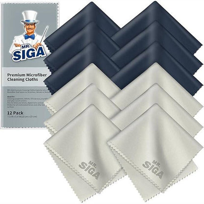 239029 - MR.SIGA Peceta Premium Mikrofibër për Pastrim, Paketë me 12 Copë – Peceta të buta dhe të qëndrueshme për pastrim efektiv. Madhësia 15 × 18 cm, ngjyrë blu e errët dhe gri.