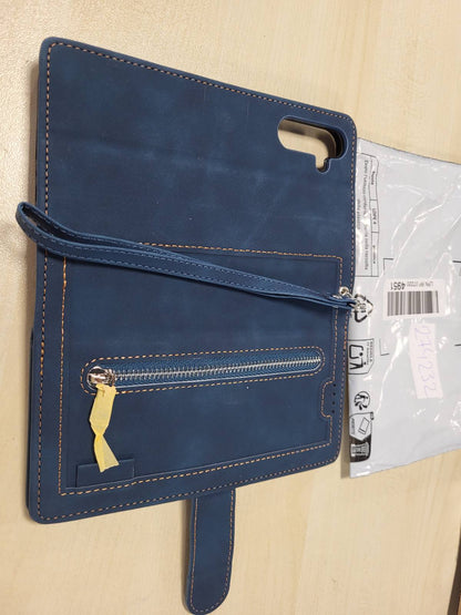 274232 - EYZUTAK Mbrojtëse për Samsung Galaxy A15 4G/5G, Mbrojtëse prej lëkure me rimbushur dhe zinxhir magnetik, 9 vende për karta, funksion mbështetëse, Mbrojtëse prej lëkure mat retro - Blu