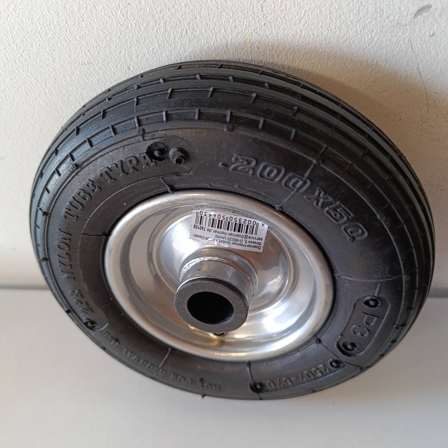 322681 - DÖRNER + HELMER - Rrotë pneumatike 200 mm x 50 mm x 20 mm, kapacitet ngarkese 75 kg, bosht 60 mm, për kamionë dore, rrotë çeliku, kushineta me rul