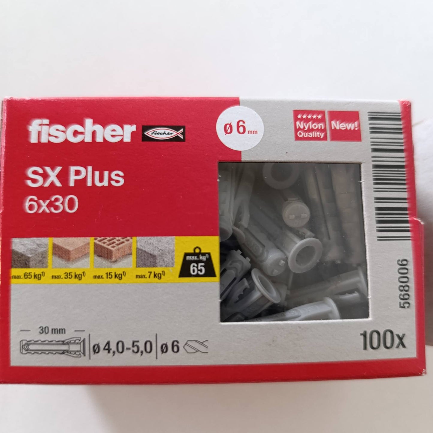 289336 - Tapë zgjerimi fischer SX Plus 6 x 30, kuti me 100 tapa najloni, për fiksim optimal në beton, tullë të fortë, beton të gazuar