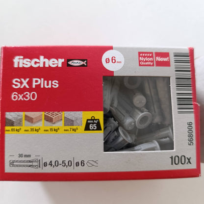 289336 - Tapë zgjerimi fischer SX Plus 6 x 30, kuti me 100 tapa najloni, për fiksim optimal në beton, tullë të fortë, beton të gazuar