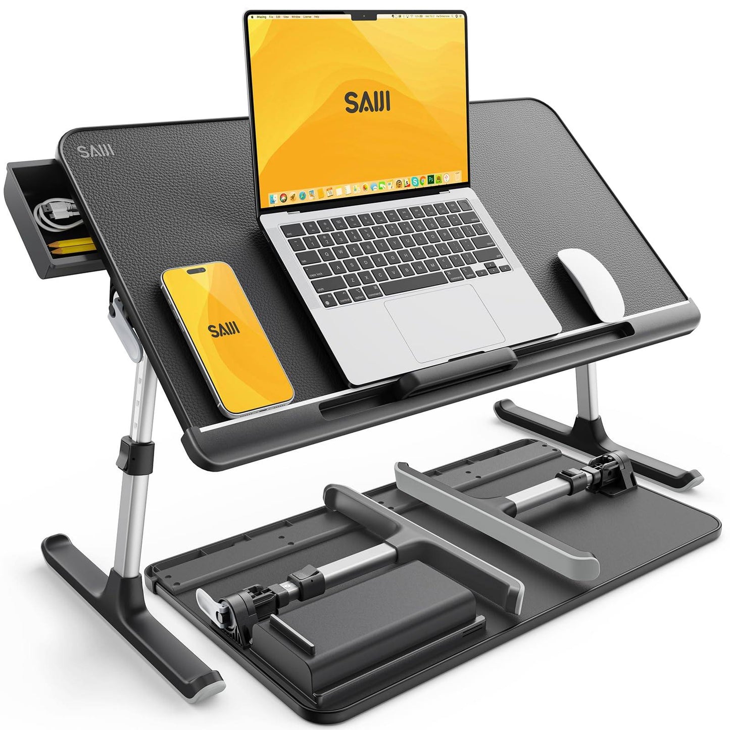 213531 - SAIJI Tavolinë Laptopi/Shtrati, Sipërfaqja Prej Druri 100% E0 Eco, E Rregullueshme me Sirtar, Këmbë të Palosshme, Kapacitet Ngarkese 40 kg, Sipërfaqja Prej Lëkure PVC, Për Lexim dhe Ngrënie në Shtrat dhe në Divan