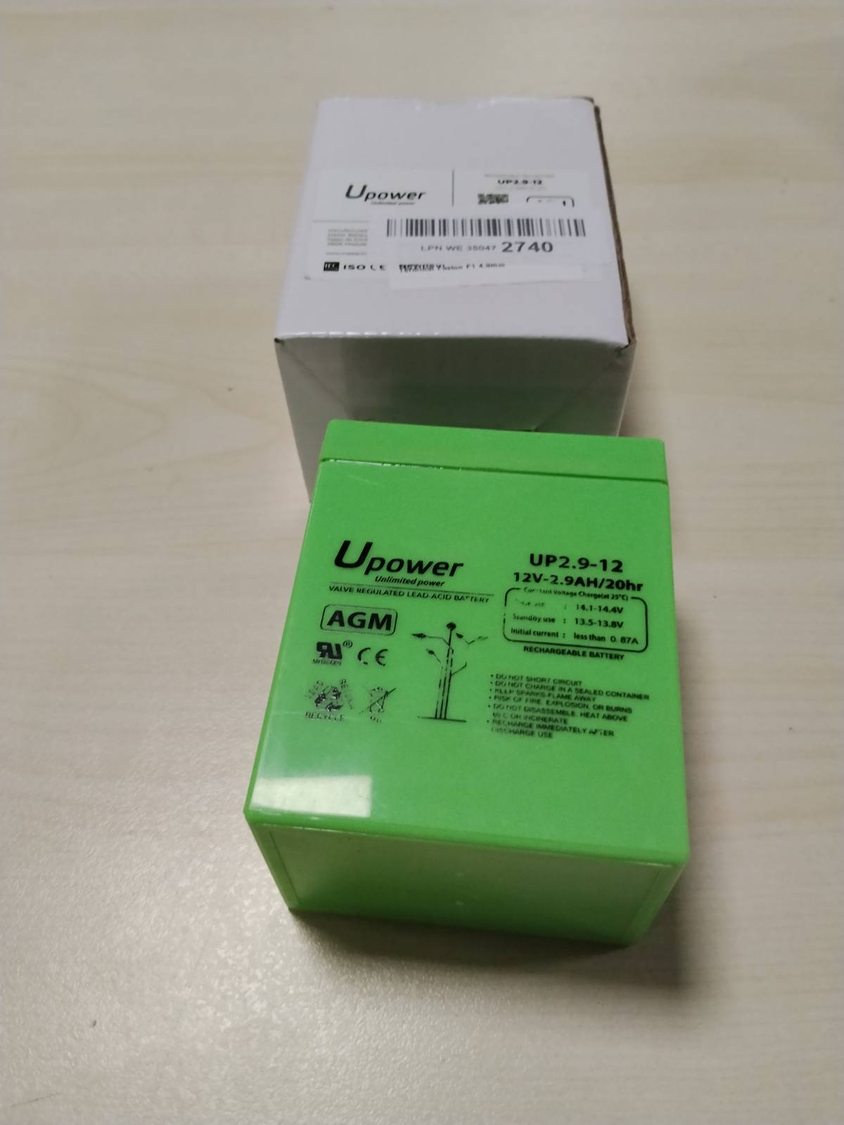 296274 - U-POWER Bateri 12V 2.9Ah AGM - Bateri plumb-acid VRLA e rikarikueshme e mbyllur, Terminal Faston F1 (4.8 mm)