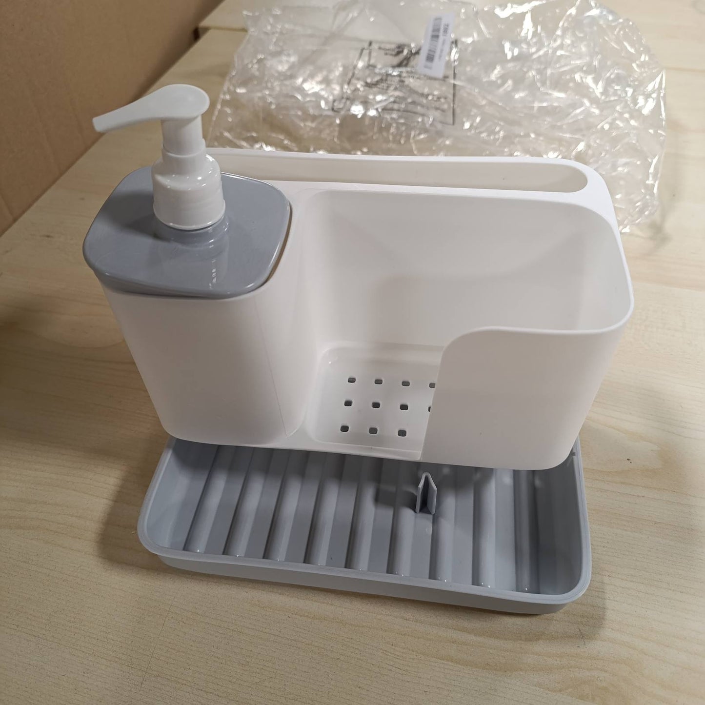 188457 - SNIPS - Organizues Kuzhine dhe Banjo 3-në-1, Dispenser Sapuni 400ml, Mbahtës Sfungjeri dhe Peshqirë Çaji, Madhësi 21x12x18cm, Materiali Plastik, Ngjyrë e Bardhë/Gri, Prodhuar në Itali