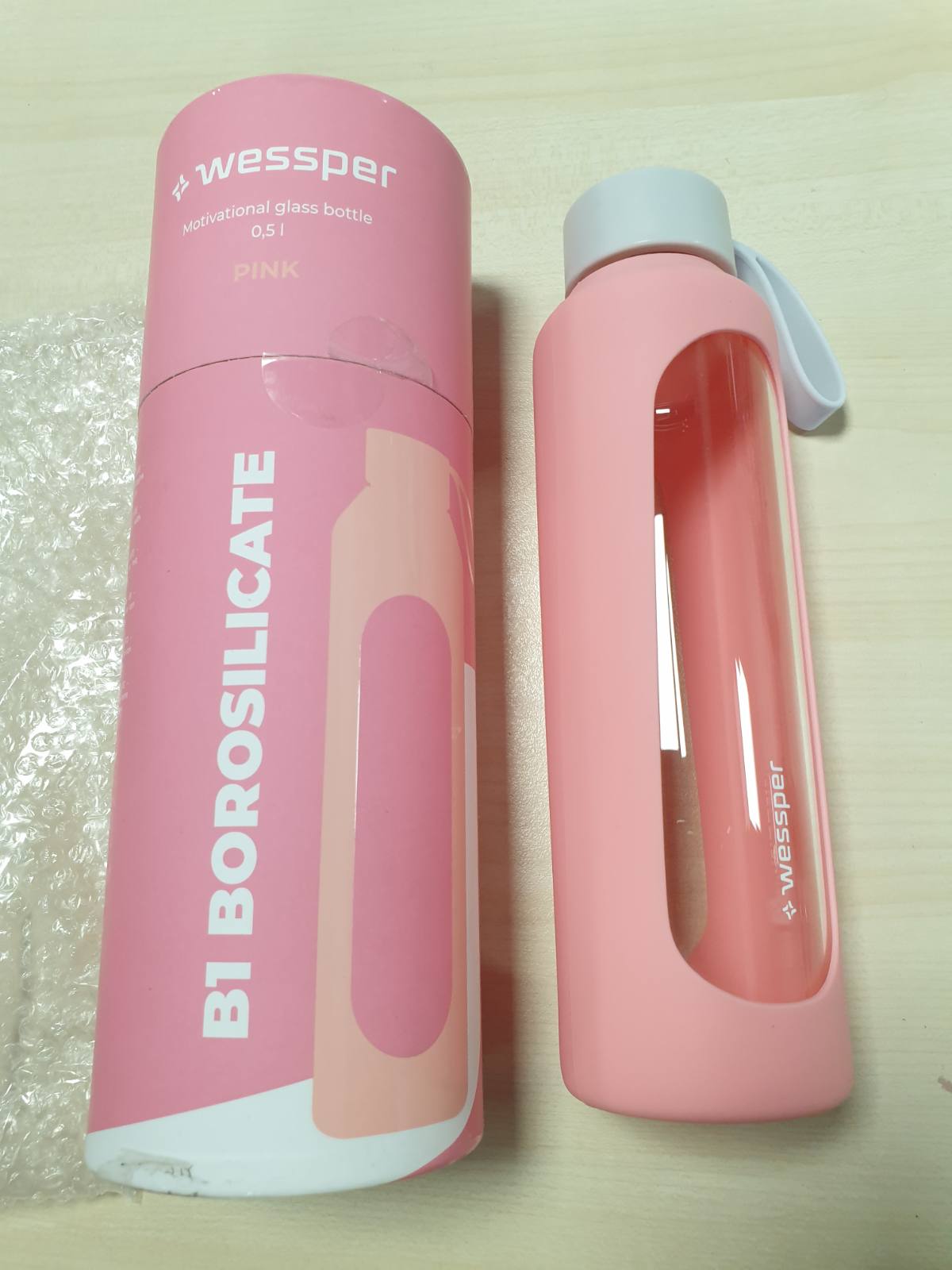 185643 - WESSPER Shishe Uji prej Qelqi Borosilikat 500 ml, pa BPA, me Mbështjellëse Silikoni - Rozë