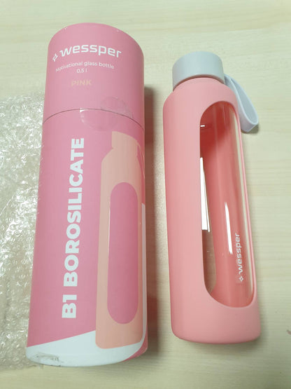 185643 - WESSPER Shishe Uji prej Qelqi Borosilikat 500 ml, pa BPA, me Mbështjellëse Silikoni - Rozë