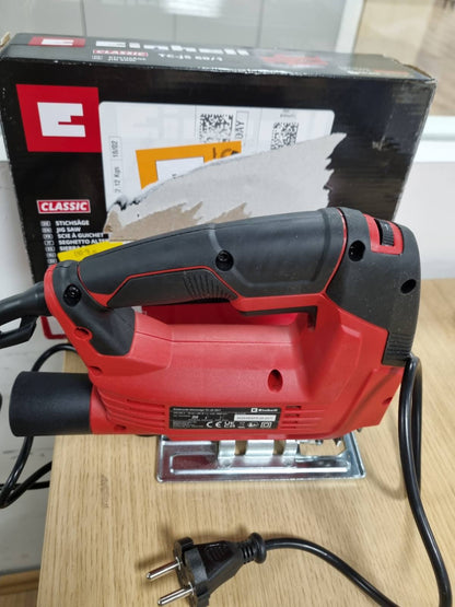 293286 - EINHELL Jigsaw TC-JS 60/1, Dridhje e ulët, Kontroll elektronik i shpejtësisë, Ndërrim tehu pa vegla, Pllakë bazë për prerje këndore deri në 45°