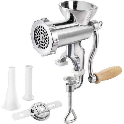 227976 - Metaltex Jack 8 - Large Meat Mincer for Home Use - Manual Nuts & Meat Grinder, Sausage Stuffer, Dough & Pasta Maker, with Nozzles - Easy Cleaning, Quick Grind, Secure Clamp - Aluminum Alloy