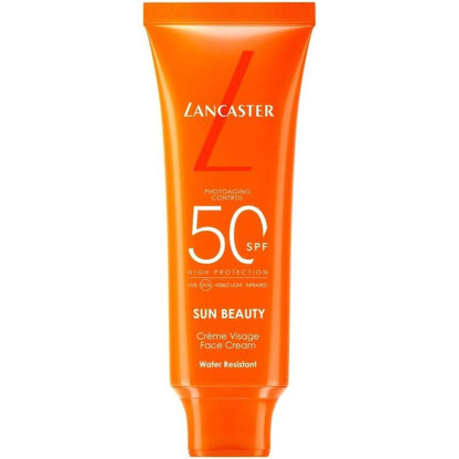 233974 - Lancaster Sun Beauty Face Cream SPF50 50 ml – Krem mbrojtës për fytyrën me SPF 50, që ndihmon në parandalimin e plakjes nga dielli, ofron mbrojtje me spektër të gjerë, teknologji Full Light, rezistencë ndaj ujit dhe djersës, me formulë të pastër.