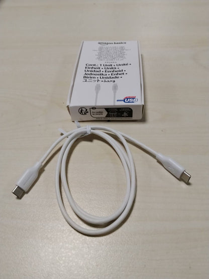 296445 - AMAZON BASICS Kabllo karikimi të shpejtë USB-C në USB-C 2.0, shpejtësi 480 Mbps, i çertifikuar USB-IF, për Apple iPhone 16/15, iPad, Samsung Galaxy, tableta, laptopë, 0.9 m, i bardhë.