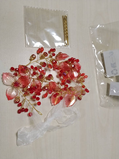 318195 - IYOU SHIRIT FLOKËSH BRIDE, GJETHË TË KUQE, KRISTALE, AKSESOR FLOKËSH PËR NUSE DHE SHOQËRUESA, PESHË 100g