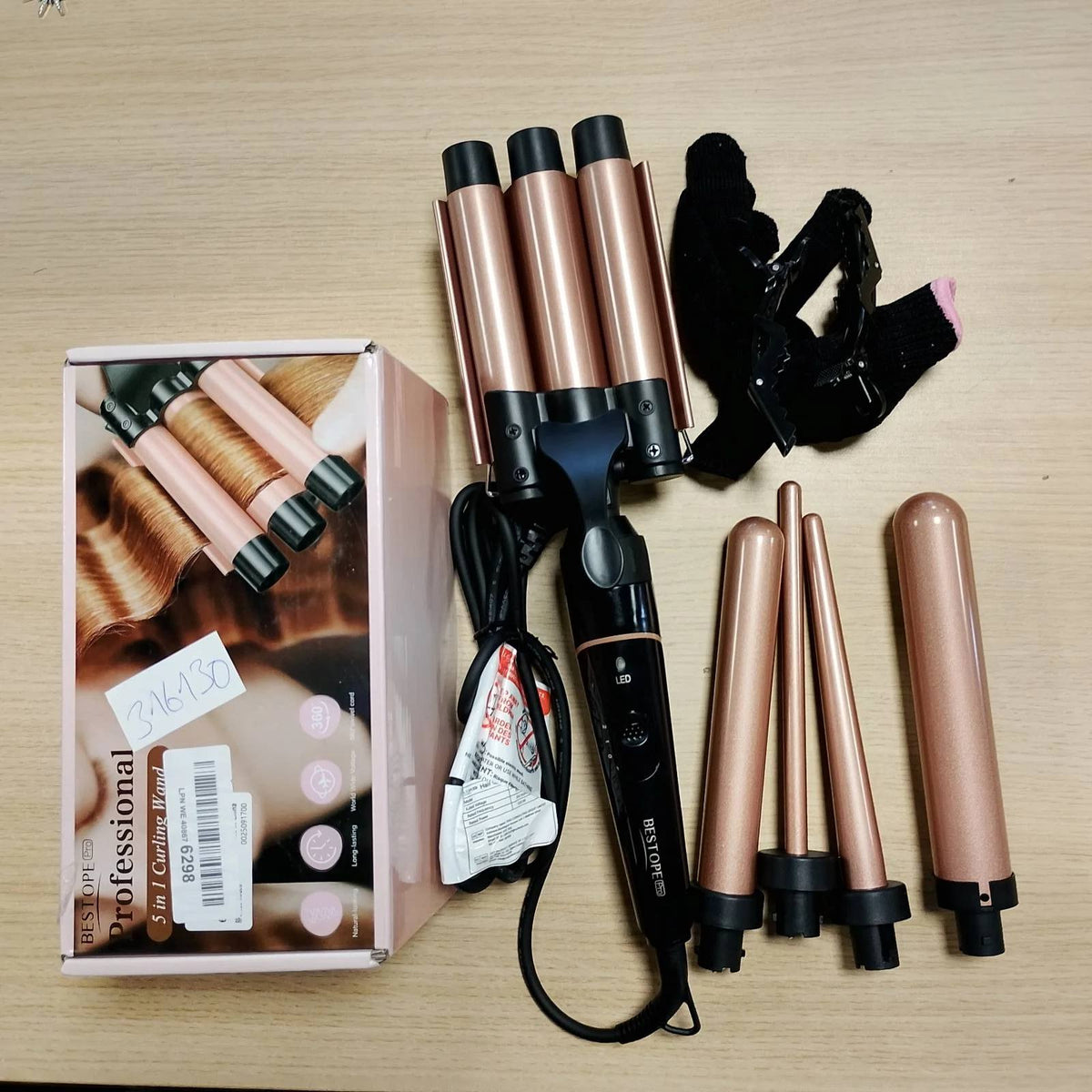 316130 - BESTOPE Kaçurrela flokësh PRO 5-në-1, Fuçi qeramike 28mm, Ngrohje e shpejtë, 2 cilësime temperature, antistatike, me doreza dhe kapëse, tension i dyfishtë