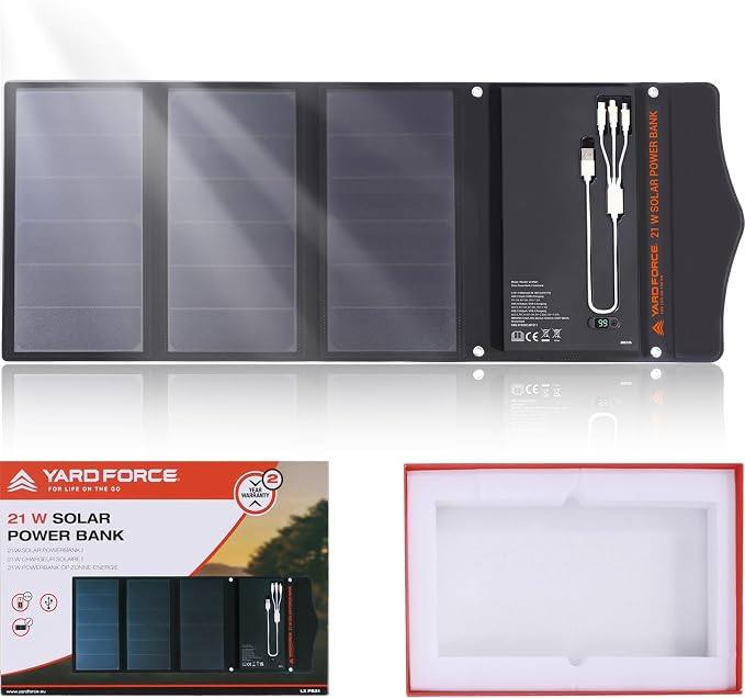 319442 - YARD FORCE Karikues Diellor Portativ 21W me 2 Porta USB, Bateri e Integruar 13000mAh, për Karikimin e Pajisjeve USB si iPhone, Android, MacBook, LX PB21, i Zi
