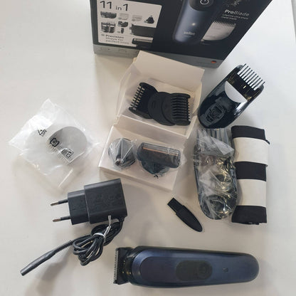 335932 - BRAUN Makinë Elektrike Kositëse Bari për Burra, Seria 7 AIO7540, 11 në 1, Blu, Rezistente ndaj ujit, Bateri e Rikarikueshme, Teh Ultra i Mprehtë ProBlade, Pa Tel, Kuti me 6 Talla