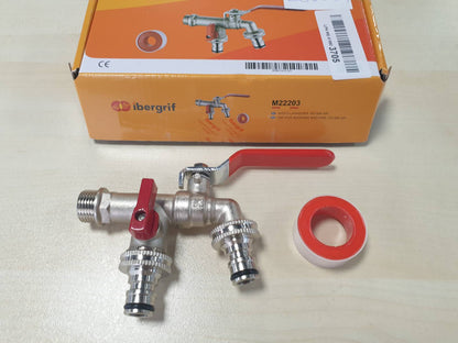289091 - IBERGRIF Rubinet M22203 1/2" me Dy Priza me Adaptues Lavatriceje, Rubinet për Kopsht të Jashtëm 3/4", Tunxh