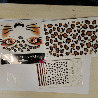 308373 - Ngjitëse me Fytyrë Leopardi, 3 Tatuazhe me Fytyrë Leopardi, Ngjitëse me Shkëlqim për Karnaval, Ngjitëse me Thonj për Festa Cosplay, Karnaval, Halloween