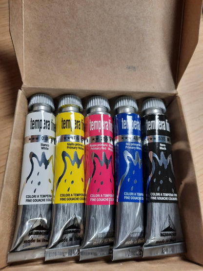 309200 - MAIMERI Set prej kartoni Fine Tempera me 5 tuba, 20 ml, ngjyra primare