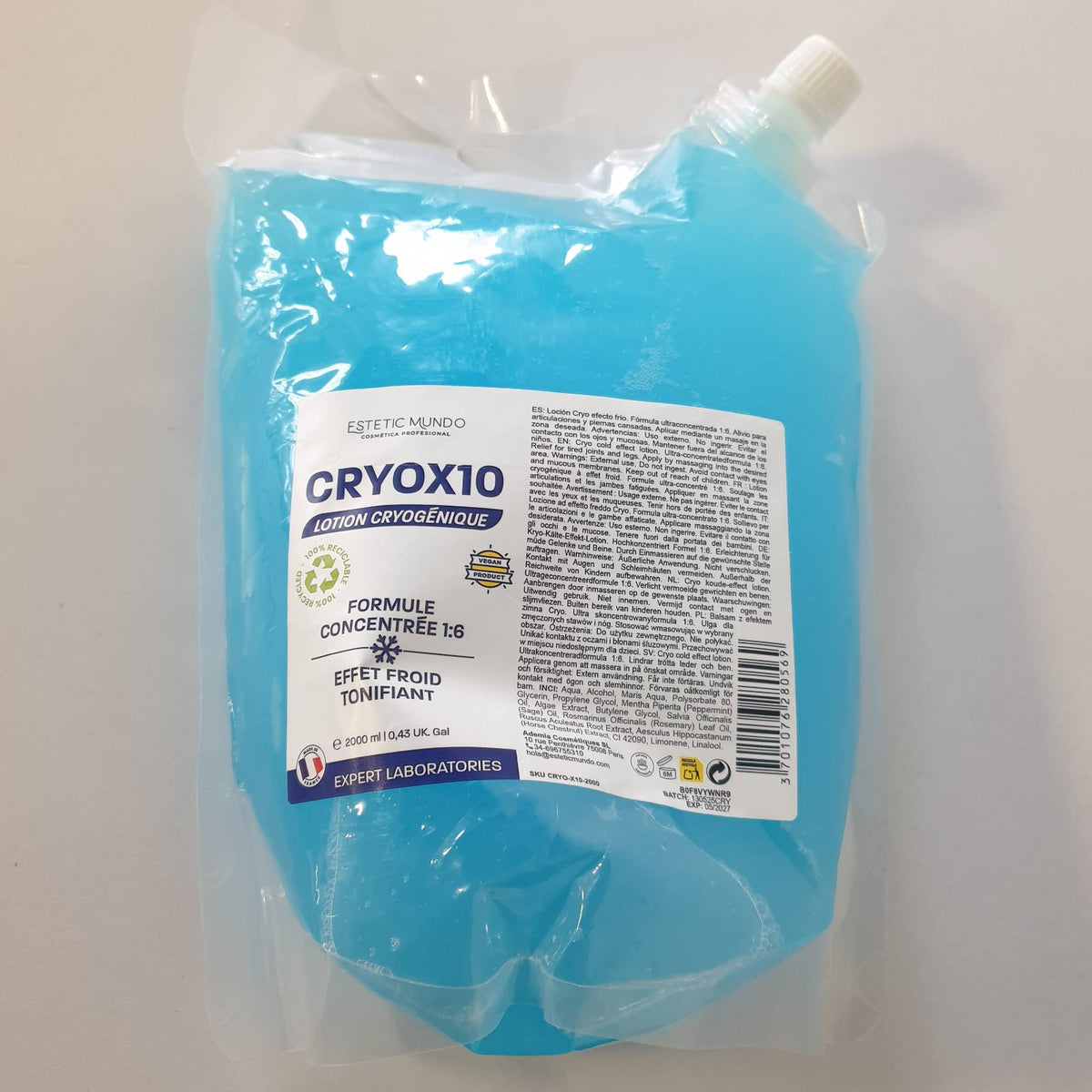 336154 - CRYOX10 Locion Krioterapie 1:6 – Sprej Rifreskues për Muskuj, Këmbë të Rënda, Kyçe dhe Celulit, Përdoret Direkt ose me Garzë, Peshqir ose Fashë, Trajtim me të Ftohtë (2000ml)