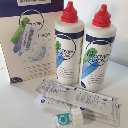 311726 - EYE DISCOVER Tretësirë peroksidi për lentet e kontaktit me tableta neutralizuese dhe kuti për pastrim dhe dezinfektim të thellë, 2 x 350 ml