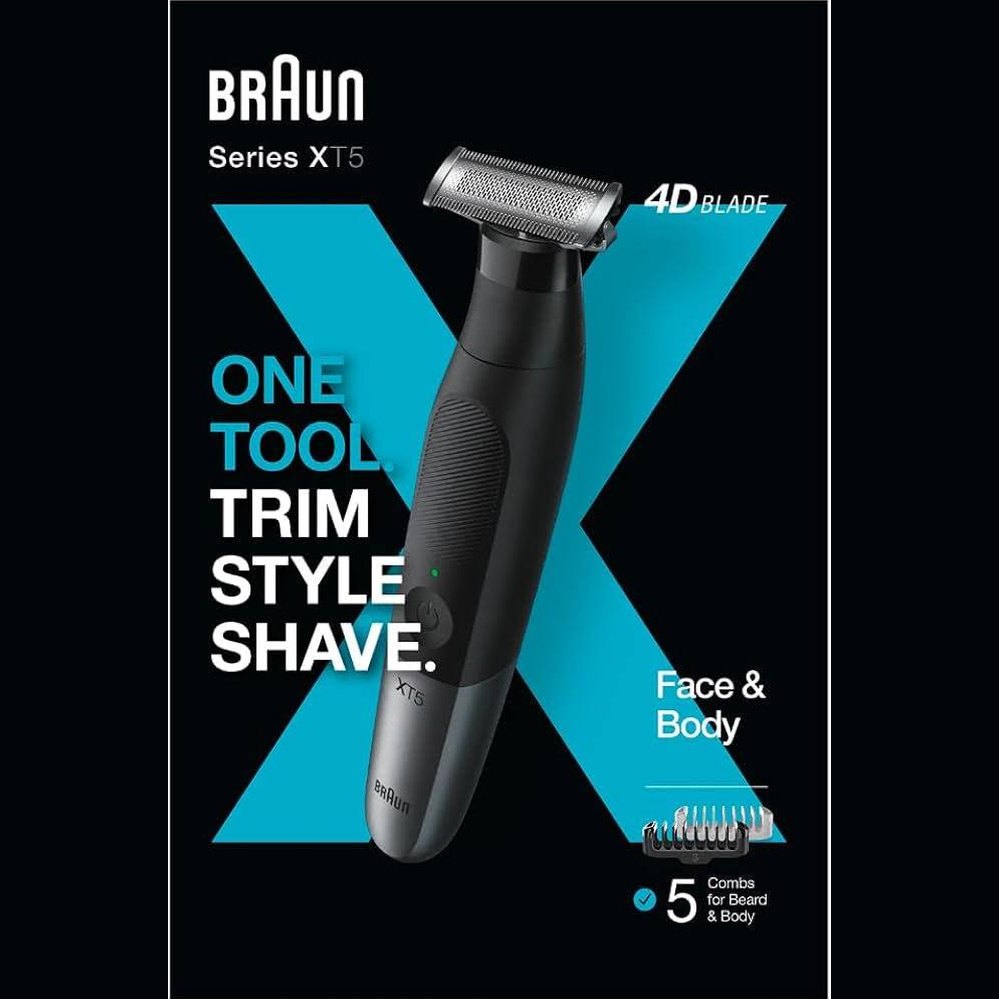 312238 -Braun Series XT5 – Pajisje për shkurtimin e mjekrës, rroje dhe brisk elektrik për burra, set për kujdesin e trupit, teh i qëndrueshëm, një mjet i vetëm për mjekrën e shkurtër, qimet e trupit, zonën intime dhe sqetullat, XT5100