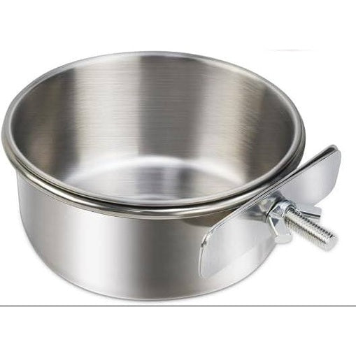 238941 - Stainless steel hanging bowl with clip holder, for birds, for food, water and seeds, 10 ounces.