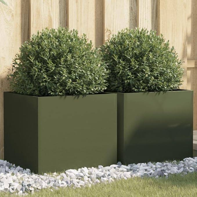 265405 - vidaXL Set me 2 Kuti për Mbjellje Ngjyrë Olive Green prej Çeliku për Kopsht dhe Ballkon