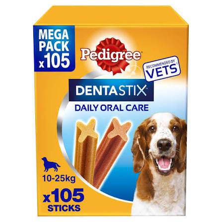 169009 - Kujdes Dentar Ditor: Ndihmon në pakësimin e krijimit të gurëzave deri në 80% kur përdoret çdo ditë.  Për Qen të Mëdhenj: Format i projektuar posaçërisht për qen me peshë mbi 25 kg.  Paketim Ekonomik: Përmban 105 shkopinj për një furnizim të bolls