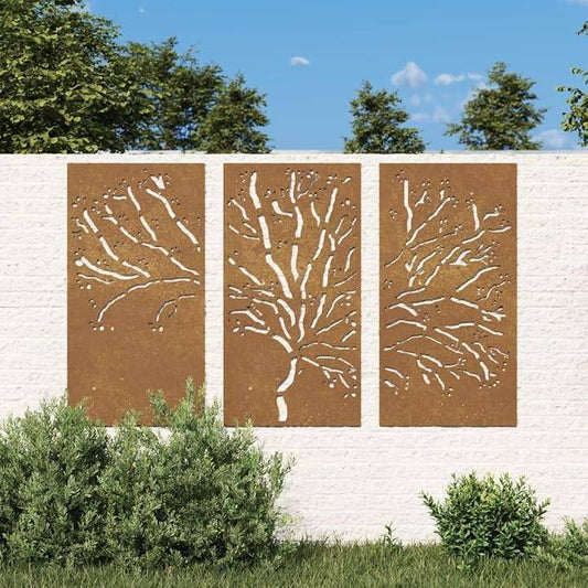 291460 - vidaXL Dekorime muri për kopsht, 3 copë, dizajn pemësh, me efekt ndryshku 105 × 55 cm