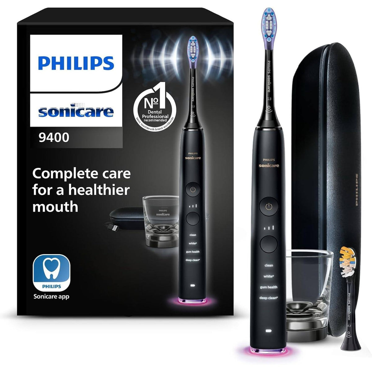 335784 - Furçë dhëmbësh elektrike Philips Sonicare DiamondClean Smart 9400, furçë sonike me aplikacion, sensor presioni, identifikim të kokës së furçës, 4 mënyra pastrimi dhe 3 nivele intensiteti, e zezë, modeli HX9917/89