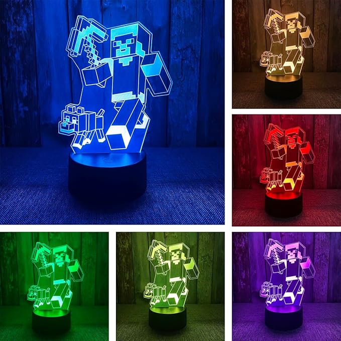 168815 - BIRBANN Llambë LED 3D Illusion Minec, Dritë Nate me 7 Ngjyra, Inteligjente, Dhuratë Ditëlindjeje Minec