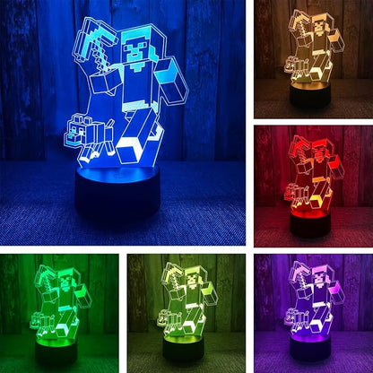 168815 - BIRBANN Llambë LED 3D Illusion Minec, Dritë Nate me 7 Ngjyra, Inteligjente, Dhuratë Ditëlindjeje Minec