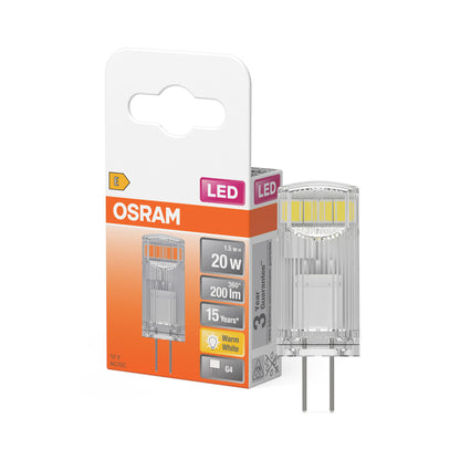 181150 - OSRAM Llambë LED me Kunja, Bazë G4, E Bardhë e Ngrohtë (2700K), 12V Tension të Ulët, 1.5W, Zëvendëson Llambën Konvencionale 20W, Indeksi i Renditjes së Ngjyrave ≥80, Klasa e Energjisë F