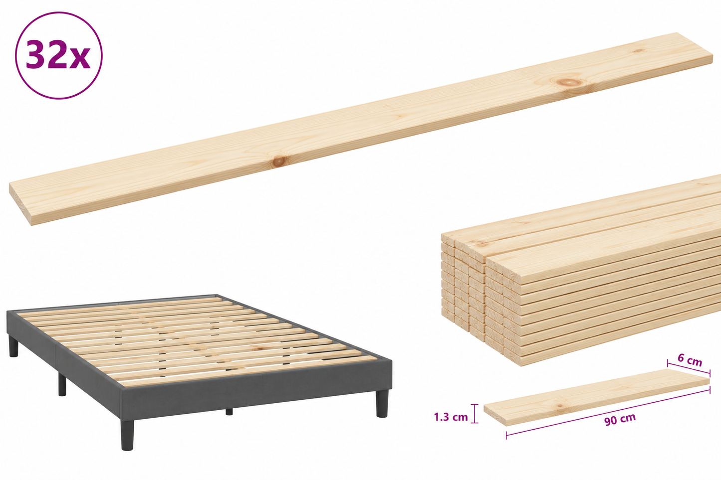 280554 - vidaXL Set me 32 Dërrasa Mbështetëse për Shtrat 90 × 6 × 1.3 cm, Dru Pishe Natyrale Masive