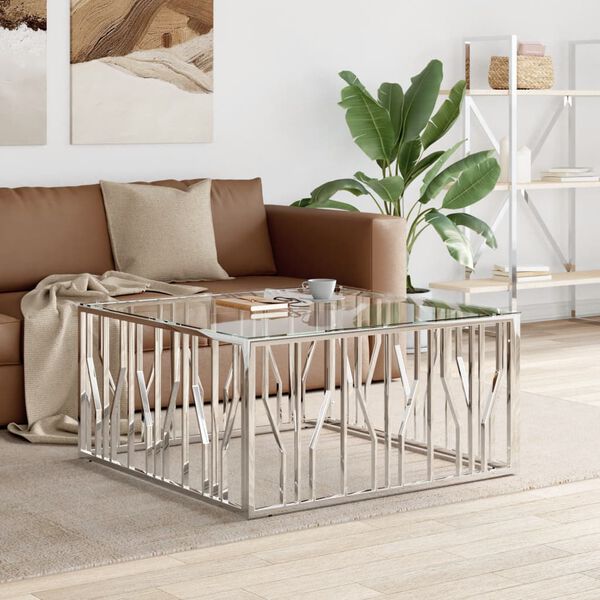 244519 - VIDAXL Tavolinë kafeje, 100x100x50 cm, prej çeliku inox dhe qelqi