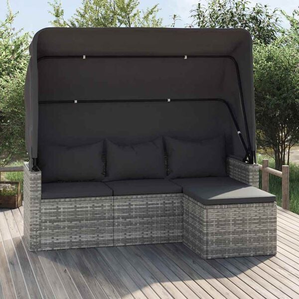291209 - VIDA XL Divan Kopshti me 3 Vende me Çati dhe Mbështetëse Këmbësh prej Polietileni Ratan Gri