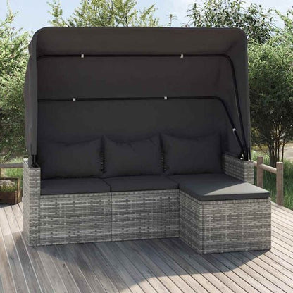 291209 - VIDA XL Divan Kopshti me 3 Vende me Çati dhe Mbështetëse Këmbësh prej Polietileni Ratan Gri