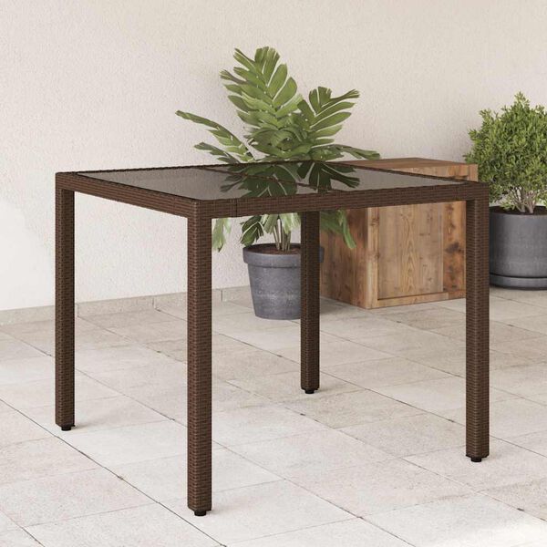 333229 - VIDAXL Tavolinë Kopshti me Sipërfaqe Qelqi Kafe 90x90x75 cm Poliestër Ratan