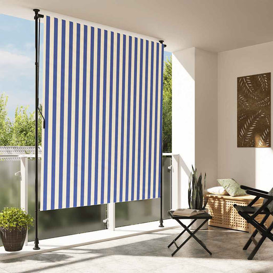 280254 - VIDAXL Perde me Rrotull për Jashtë, Blu dhe e Bardhë 150x270 cm, Pëlhurë dhe Çelik