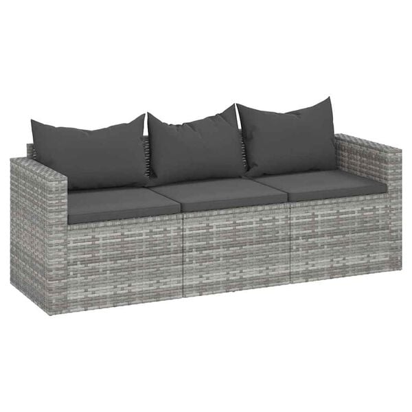 333189 - VIDA XL Divan Kopshti me 3 Vende me Jastëkë, Gri Poliester, Ratan