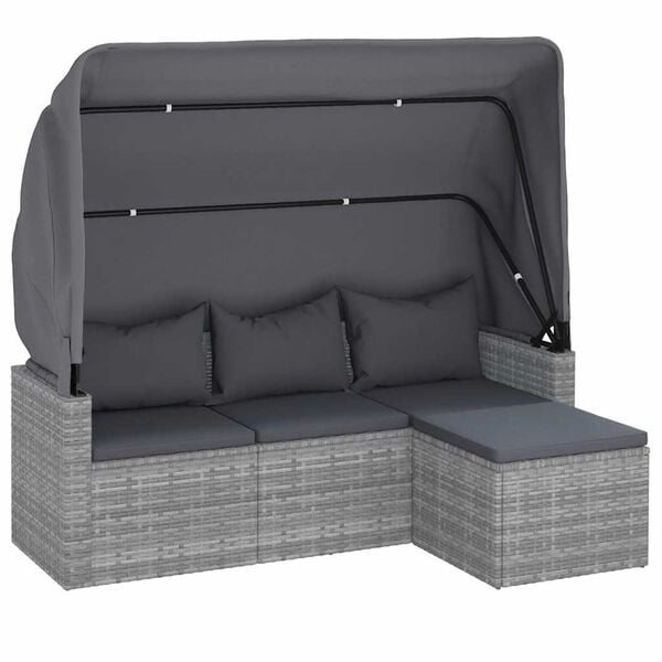 291209 - VIDA XL Divan Kopshti me 3 Vende me Çati dhe Mbështetëse Këmbësh prej Polietileni Ratan Gri