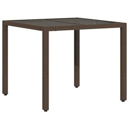 333229 - VIDAXL Tavolinë Kopshti me Sipërfaqe Qelqi Kafe 90x90x75 cm Poliestër Ratan