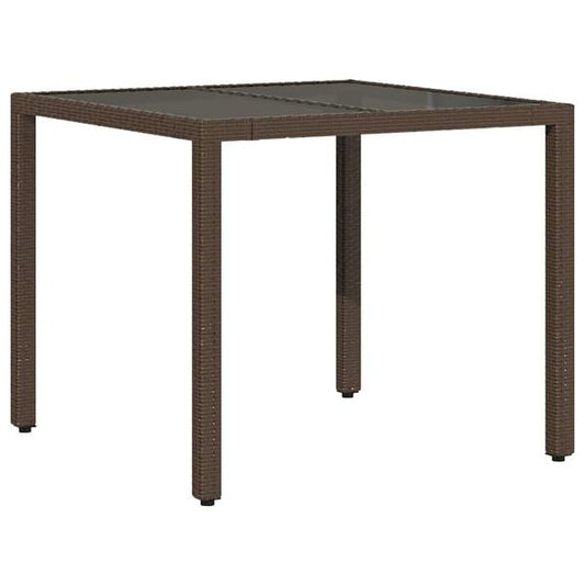 333229 - VIDAXL Tavolinë Kopshti me Sipërfaqe Qelqi Kafe 90x90x75 cm Poliestër Ratan