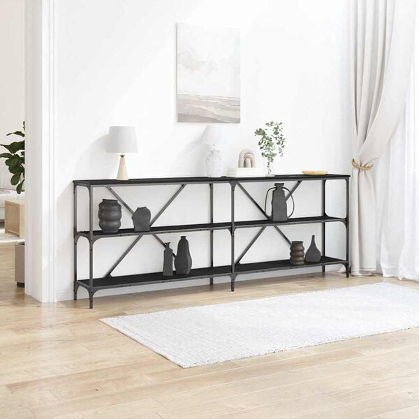 334514 - VIDAXL Tavolinë Konsole Lisi e Zezë 200x30x75 cm Dru dhe Hekur i Inxhinieruar